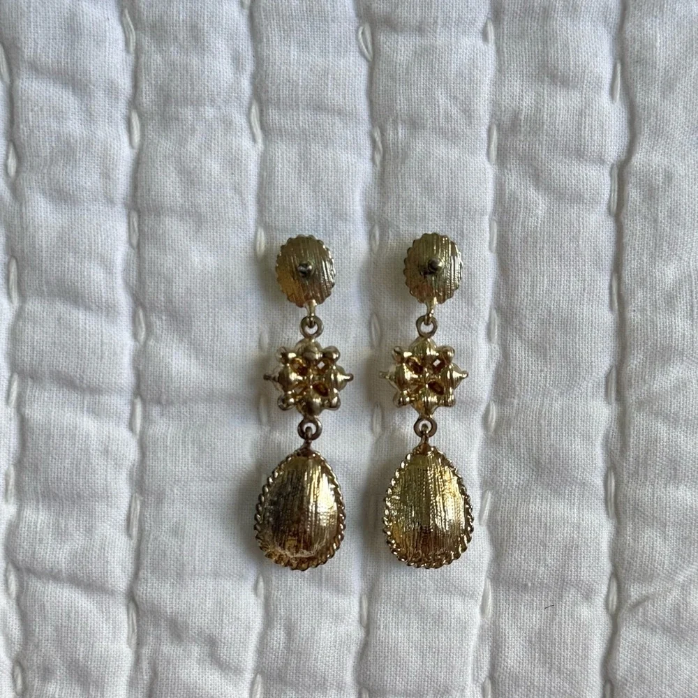 Elegant Blue, Green & Pearl Gold Drop Earrings